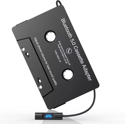 Black bluetooth 5.0 cassette adapter with microphone 6h music and blue-lit receiver for standby smartphone cassette use