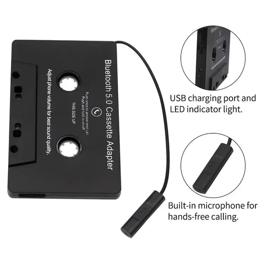 Black bluetooth 5.0 cassette adapter with microphone 6h music time and usb charging port for standby smartphone cassette use