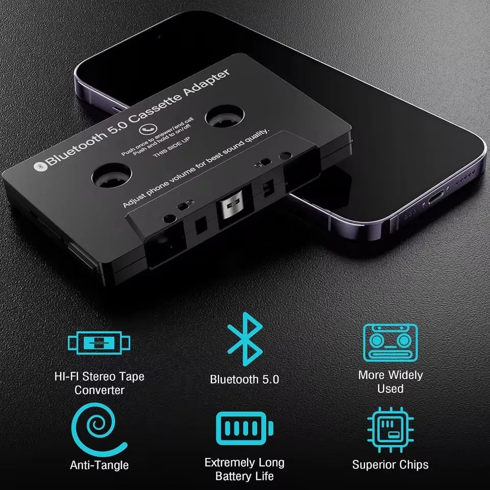 Black bluetooth 5.0 cassette adapter with usb port microphone 6h music and standby smartphone cassette for car use