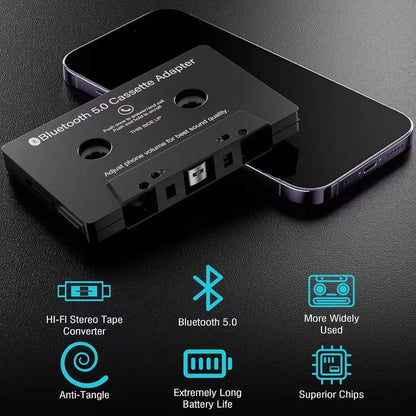 Black bluetooth 5.0 cassette adapter with usb port microphone 6h music and standby smartphone cassette for car use