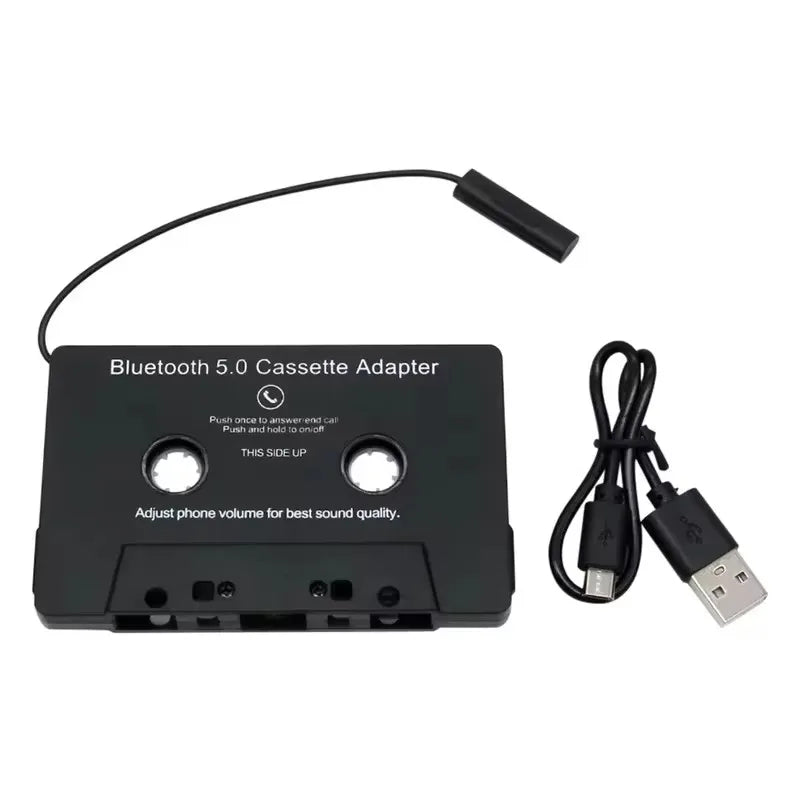 Black bluetooth 5.0 cassette adapter with microphone 6h music and usb cable for standby smartphone cassette connection