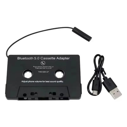 Black bluetooth 5.0 cassette adapter with microphone 6h music and usb cable for standby smartphone cassette connection