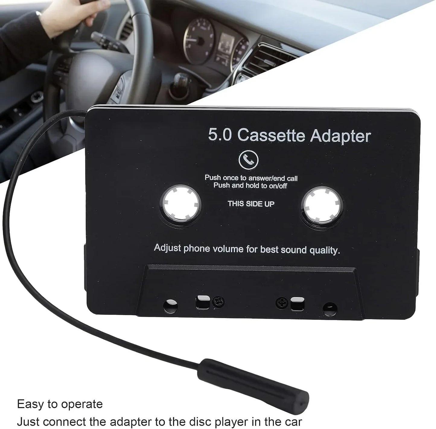 Black plastic car bluetooth 5.0 cassette adapter with microphone 6h music and standby smartphone cassette features