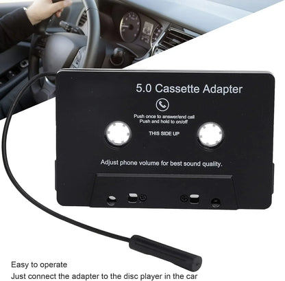 Black plastic car bluetooth 5.0 cassette adapter with microphone 6h music and standby smartphone cassette features