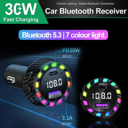 Black carbon fiber-textured car bluetooth 5.3 transmitter wireless audio receiver car mp3 player with led lighting and dual usb ports