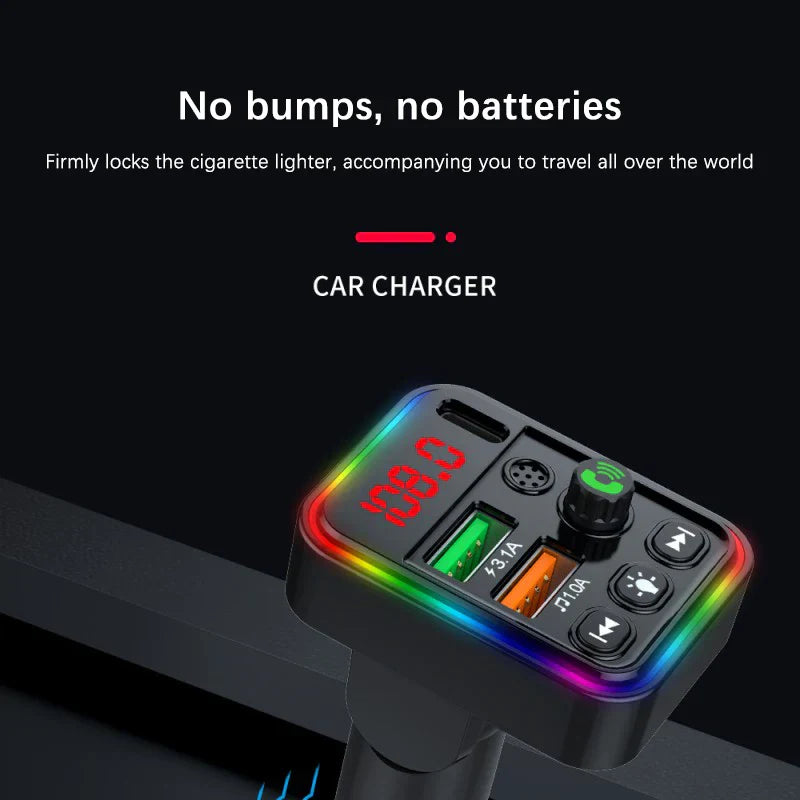 Black car charger with rainbow led edges, multiple usb ports, and buttons for music player handsfree calling audio car adapter