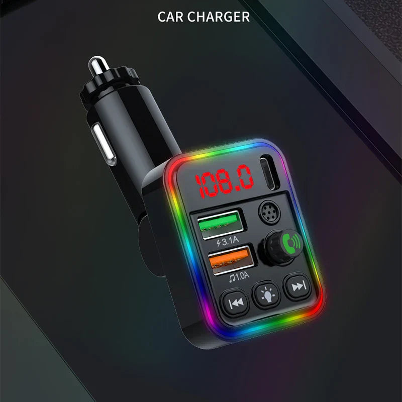 Black car bluetooth adapter with rainbow led, dual usb ports, digital display, music player handsfree calling, audio car adapter