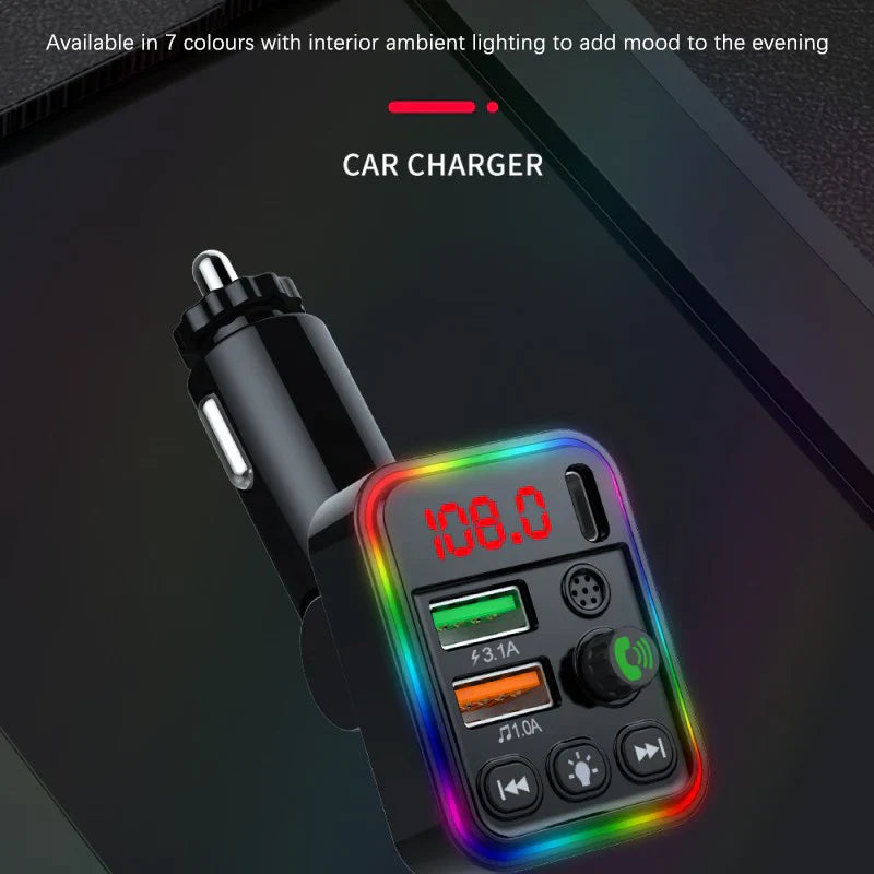 Black car charger with rainbow led lighting multiple usb ports car bluetooth adapter type-c pd music player handsfree calling