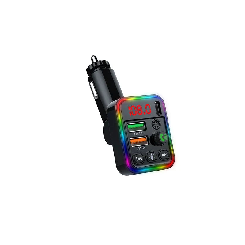Black car Bluetooth adapter with rainbow LED, digital display, multiple USB ports for music player handsfree calling and audio car adapter