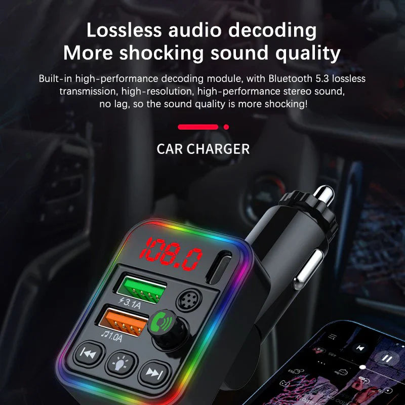 Black and silver car bluetooth adapter with rgb lighting dual usb ports digital display for music player handsfree calling