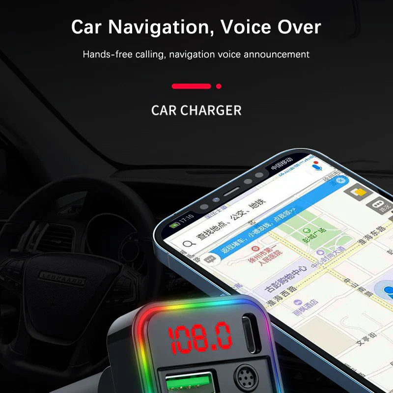 A sleek black car bluetooth adapter with glowing rainbow led, two usb ports, and music player handsfree calling features