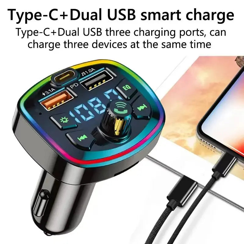 Black car charger fm transmitter with rainbow led border and dual usb port pd mp3 for fast charging and hands free use