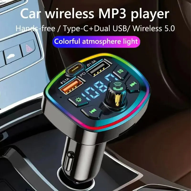 Black and silver charger fm transmitter with dual usb port pd mp3 and colorful led atmosphere light ring