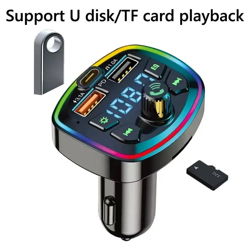 Rainbow led-lit car charger fm transmitter with dual usb port pd mp3 support and central rotary dial for hands-free use