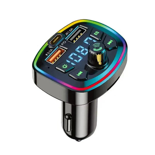 A sleek black car charger fm transmitter with dual usb port pd mp3 and rainbow led border for hands free use