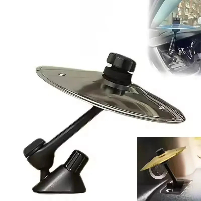 Black and silver car crash cymbal with adjustable arm and suction cup base for sticks air vent mini drum car use