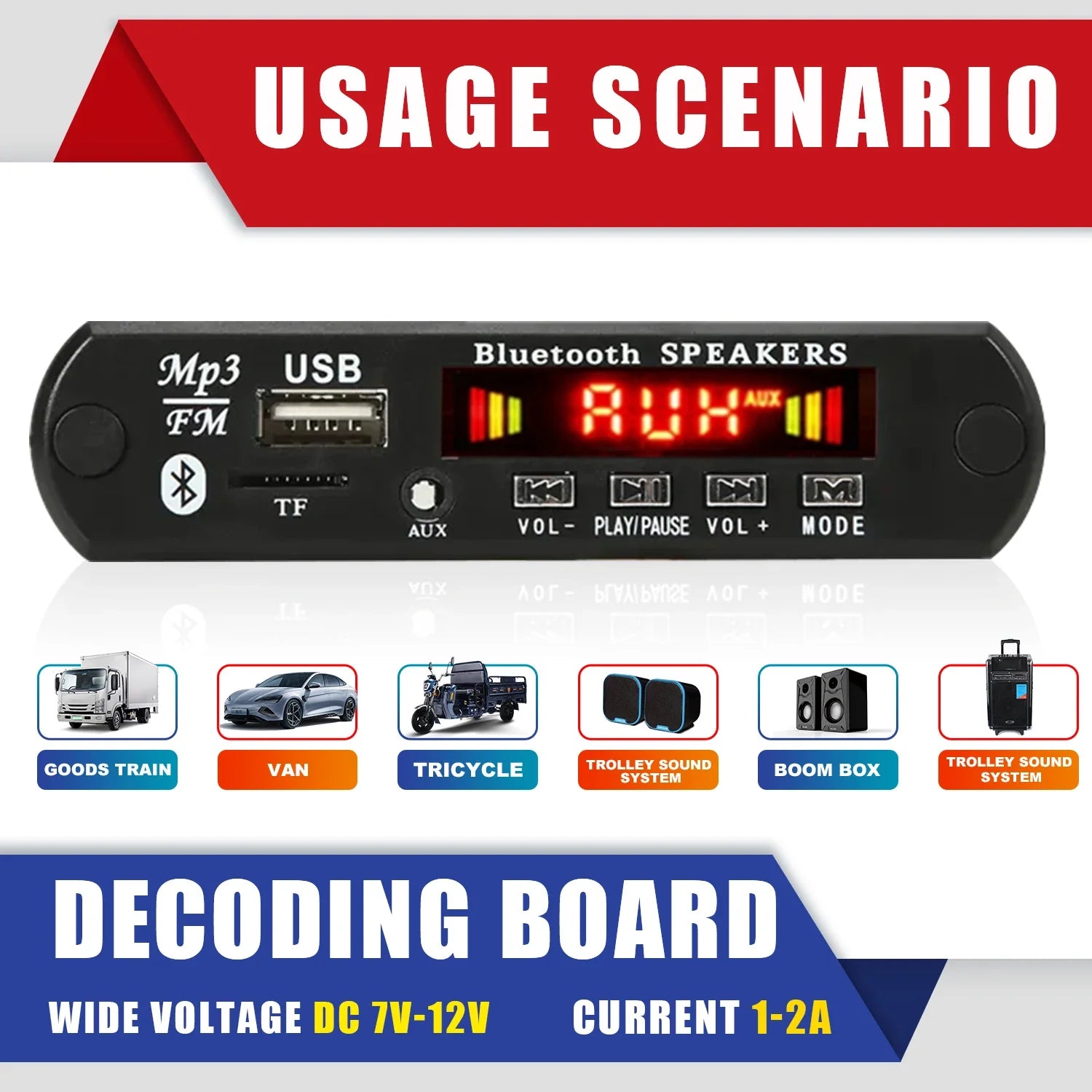 Black bluetooth mp3 wav decoder board with red led display and multiple input ports for wireless usb mp3 playback