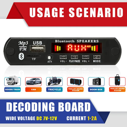 Black bluetooth mp3 wav decoder board with red led display and multiple input ports for wireless usb mp3 playback