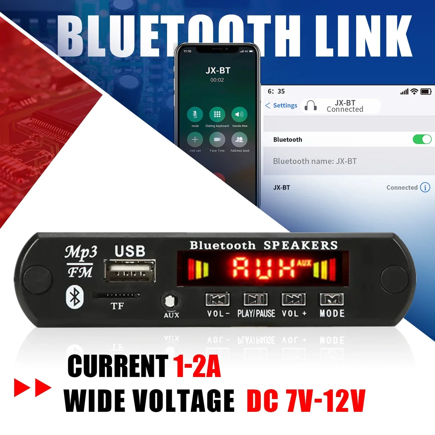 Black rectangular bluetooth mp3 wav decoder board with red led display and multiple input ports for car audio use