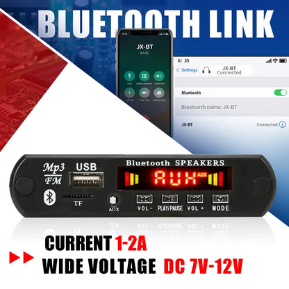 Black rectangular bluetooth mp3 wav decoder board with red led display and multiple input ports for car audio use