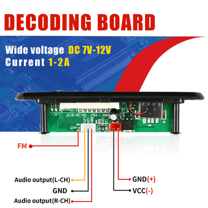Green circuit decoder board with black casing and labeled fm audio output gnd vcc for car diy bluetooth mp3 wav player
