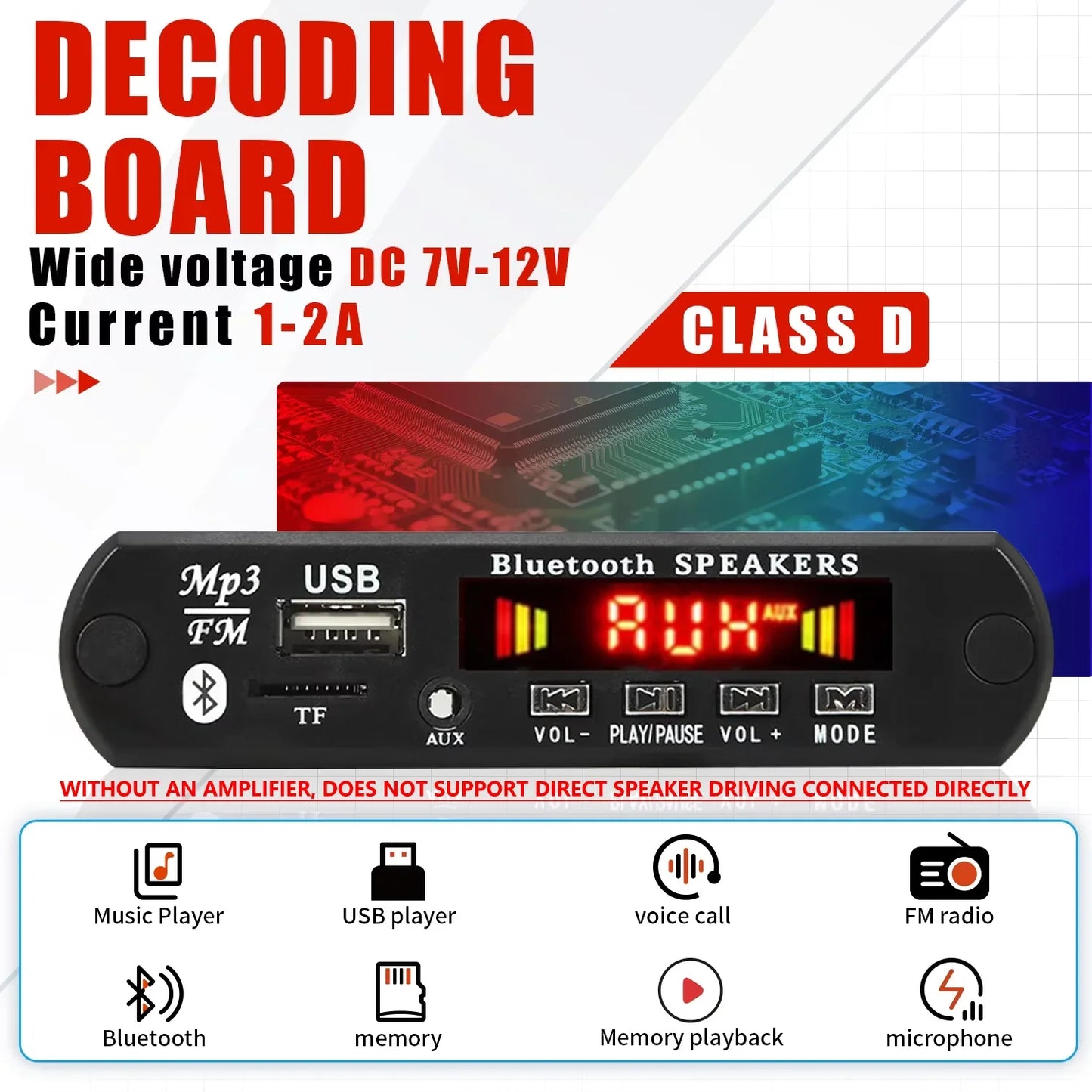 Black rectangular car diy bluetooth mp3 wav decoder board with red led display wireless usb mp3 and bluetooth ports
