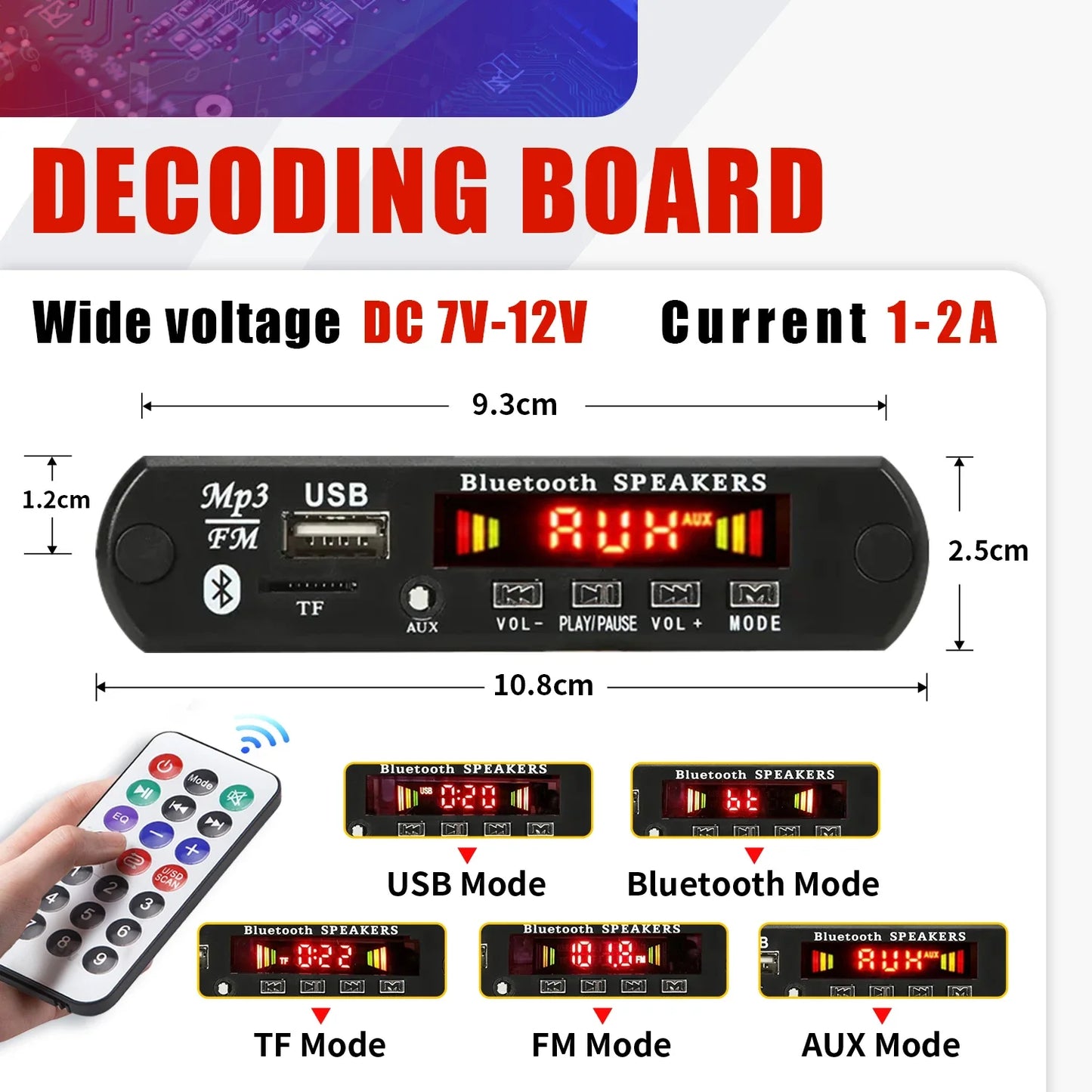 Black rectangular decoder board with usb fm tf card and bluetooth ports for wireless usb mp3 mp3 wav playback in car diy use