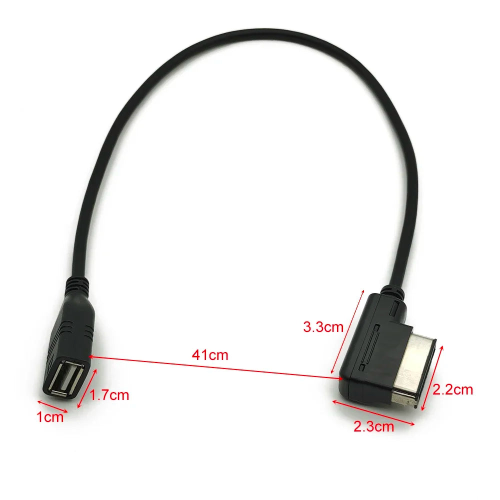 Black car media interface ami mmi usb aux cable music adapter with usb-a and angled usb-b connectors molded plastic housing