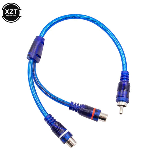 Blue rca audio splitter cable with single male and two female connectors featuring transparent blue braided shielding for audio use