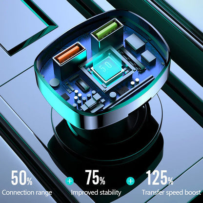 A sleek transparent usb-c car radio modulator with glowing teal circuit board and usb quick charge ports in metallic frame