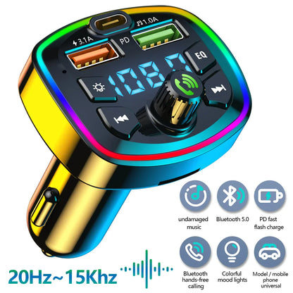 A sleek rainbow-colored car radio modulator with digital display usb quick charge and multiple usb ports transmitter handsfree car
