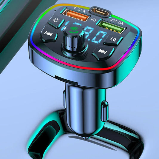 Black and teal wireless car radio modulator with rgb lighting usb quick charge ports digital display and control buttons