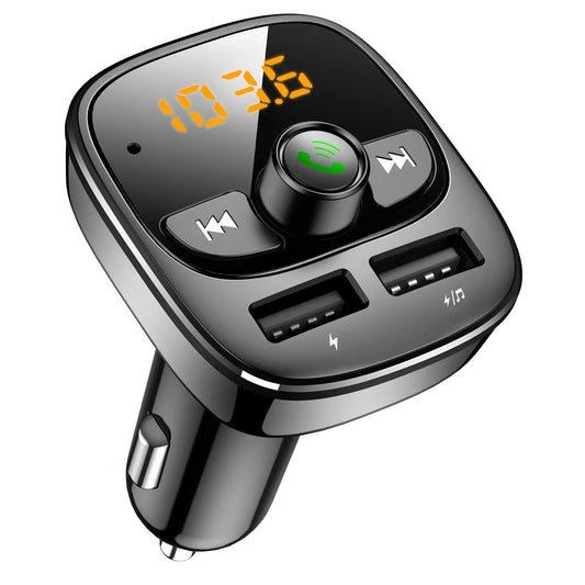 Black transmitter car charger with dual usb ports digital display and support tf card for hands-free calls in car