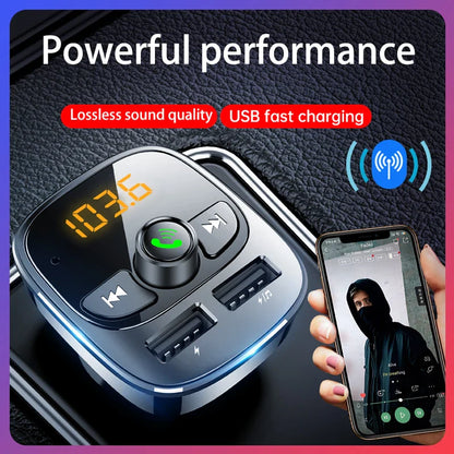 Black and silver transmitter car charger with digital display usb ports bluetooth support tf card charger adapter dual