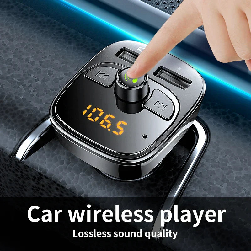 Black and silver transmitter car charger with digital display 106.5 orange play pause buttons support tf card and dual usb