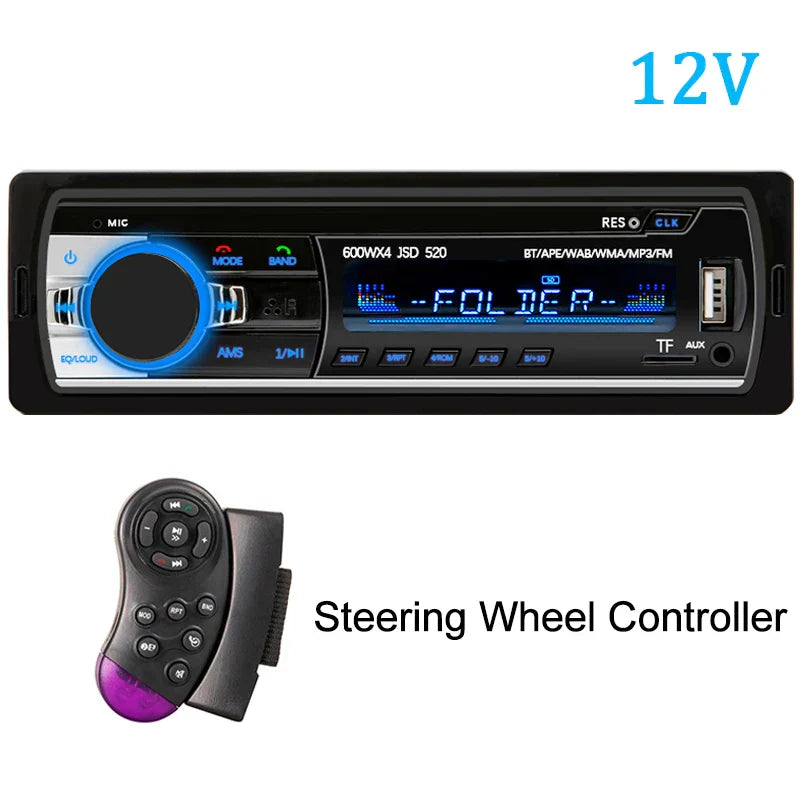 Black 1 din mp3 player car radio with blue digital bluetooth display silver accents and dash slot aux input