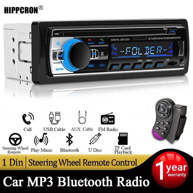 Black and silver din mp3 player car radio with digital bluetooth, blue illuminated display, volume knob, and dash slot aux input