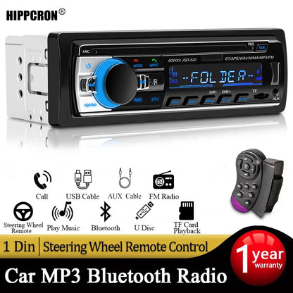 Black and silver din mp3 player car radio with digital bluetooth, blue illuminated display, volume knob, and dash slot aux input