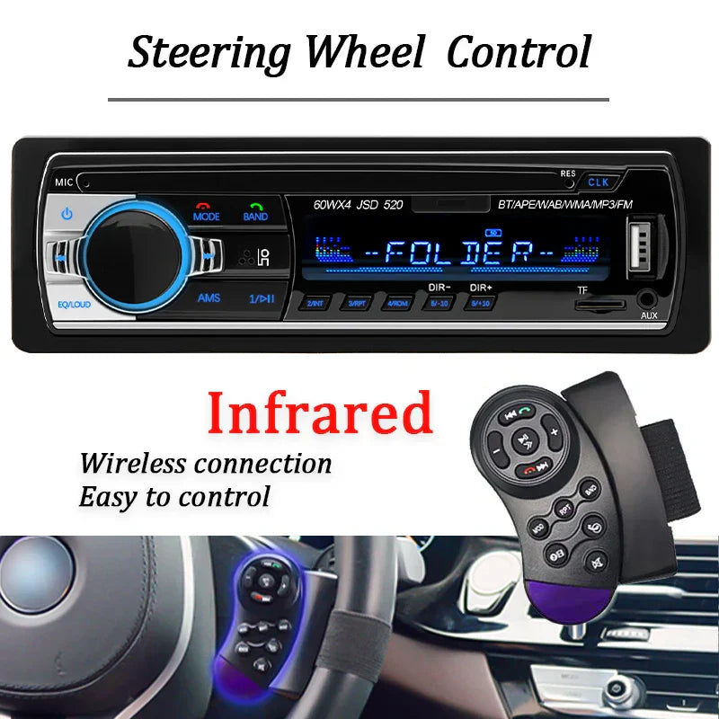 Black 1 din mp3 player car radio with blue illuminated controls and infrared remote featuring digital bluetooth and dash slot aux input