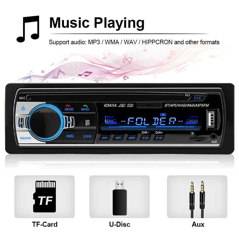Black car din mp3 player with digital bluetooth blue illuminated controls and dash slot aux input showing folder display