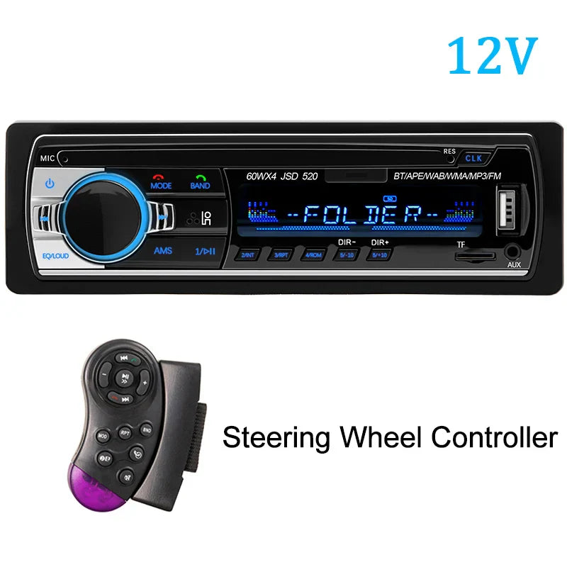 Black 1 din stereo player with digital bluetooth, aux input, blue illuminated display, and silver accents for car audio
