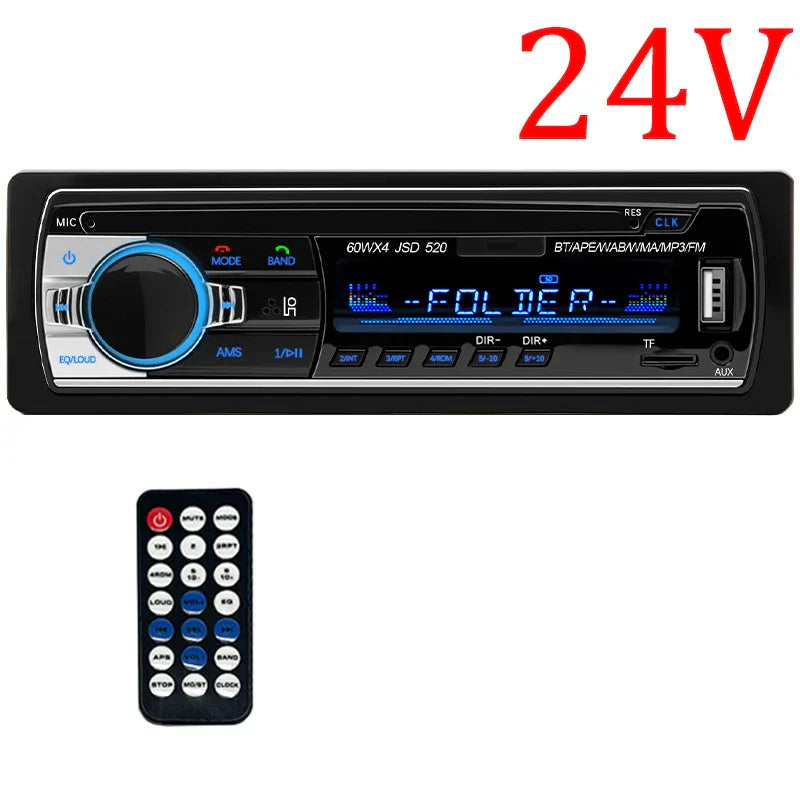 Black 1 din stereo player with digital bluetooth aux input blue illuminated display and silver accents control knob