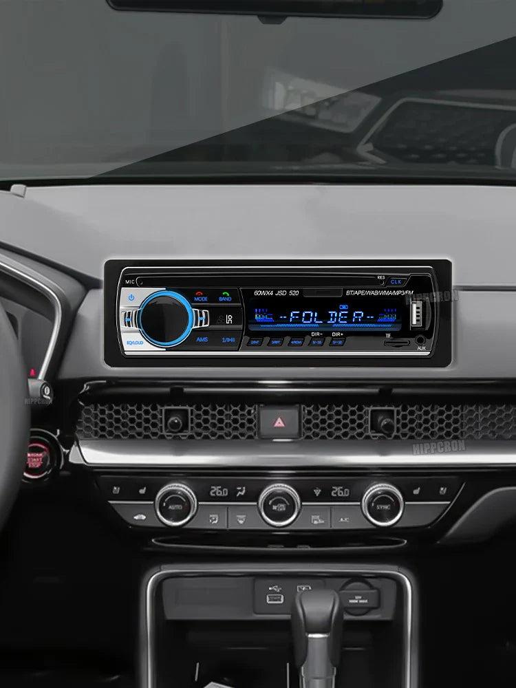 Black 1 din stereo player with blue illuminated controls digital bluetooth aux input and folder display for car audio