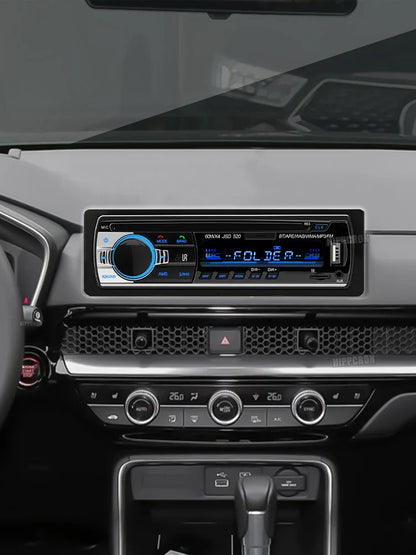 Black 1 din stereo player with blue illuminated controls digital bluetooth aux input and folder display for car audio