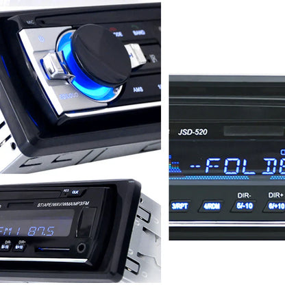 Black 1 din stereo player with blue backlighting silver accents digital bluetooth aux input and central volume knob