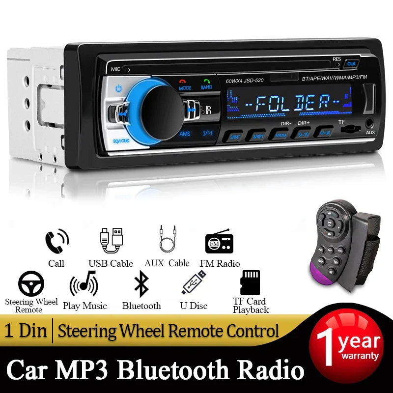 Black and silver 1 din stereo player with digital bluetooth, aux input, mp3, and blue illuminated display control knob