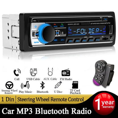 Black and silver 1 din stereo player with digital bluetooth, aux input, mp3, and blue illuminated display control knob