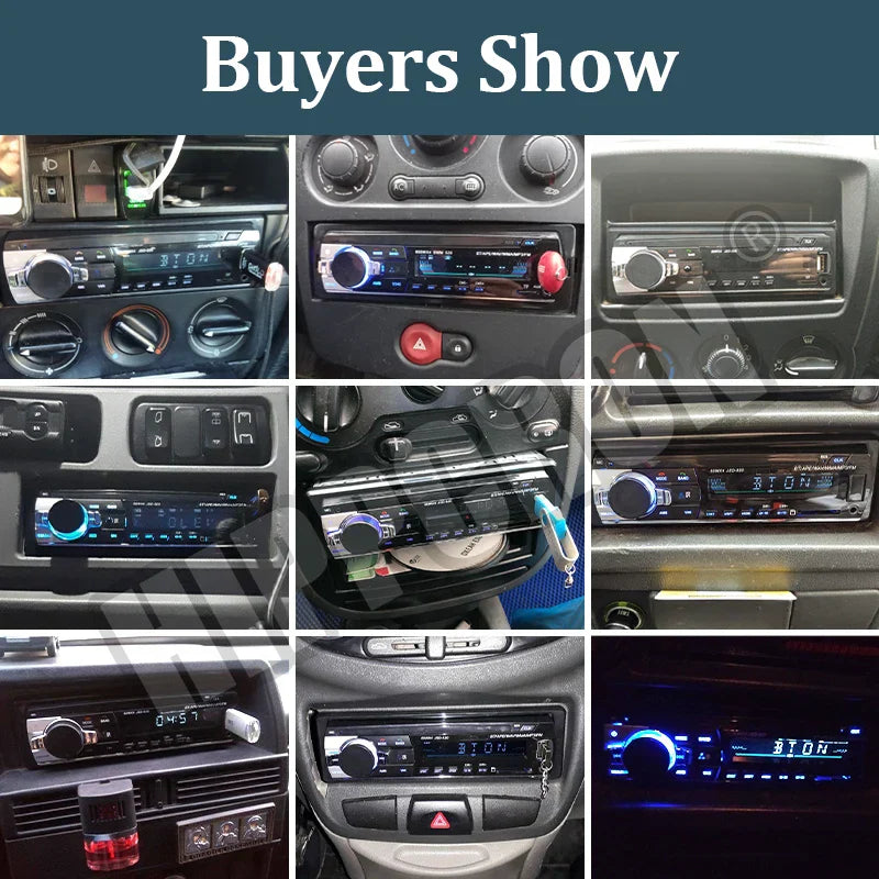 Black 1 din stereo player with silver accents digital bluetooth aux input and blue led lighting for car radio use