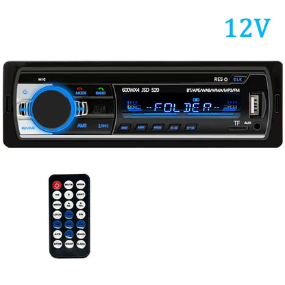 Black 12v car radio 1 din stereo player with digital bluetooth blue illuminated display and aux input control buttons