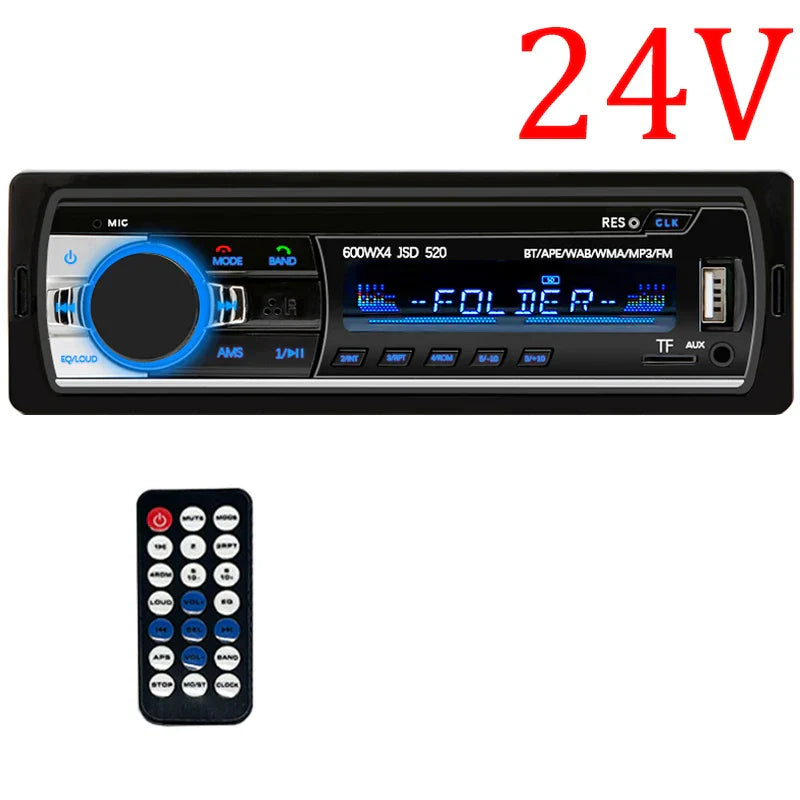 Black 24v 1 din stereo player digital bluetooth car radio with blue illuminated controls aux input and remote control